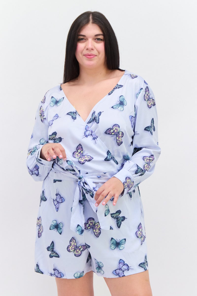 Nina Parker Women Plus Size Allover Print Belted Playsuit, Blue Combo  - Image 1