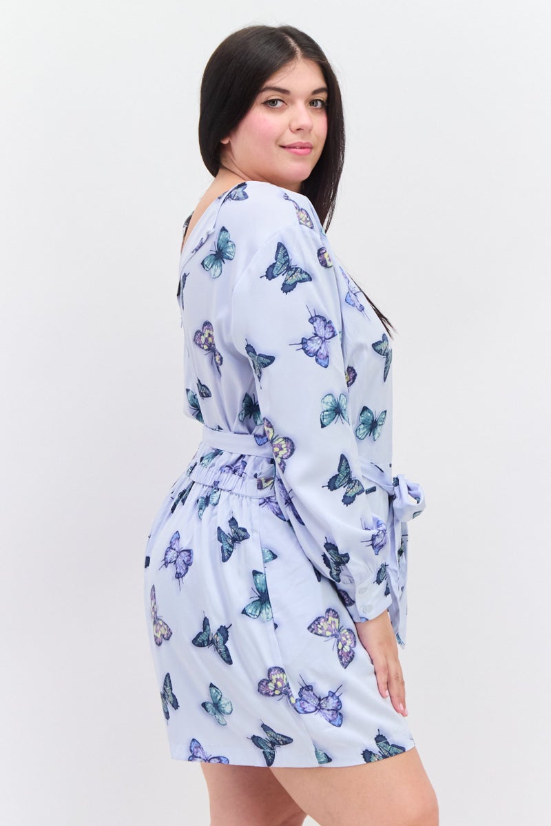 Nina Parker Women Plus Size Allover Print Belted Playsuit, Blue Combo - Image 2