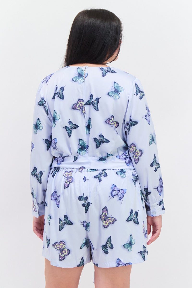 Nina Parker Women Plus Size Allover Print Belted Playsuit, Blue Combo - Image 4