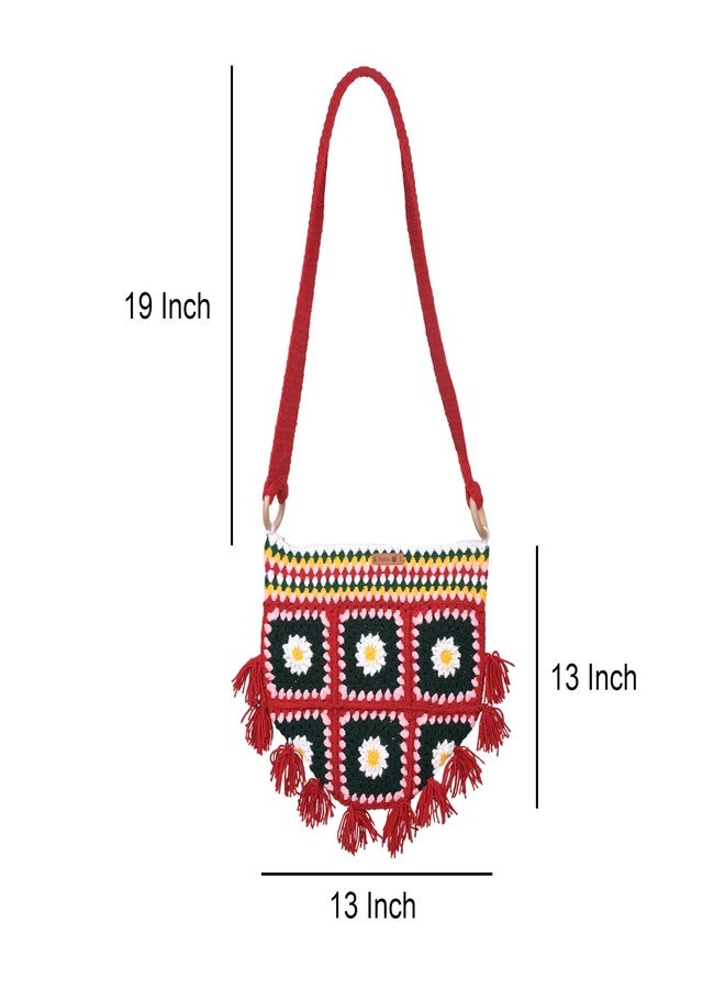 Sutra Handmade Wool Crochet Red Strap Tassel Bag | Boho Shoulder Purse | Eco-Friendly Reusable Tote Bag | Summer Beach Handbag for Women Girls - Image 2