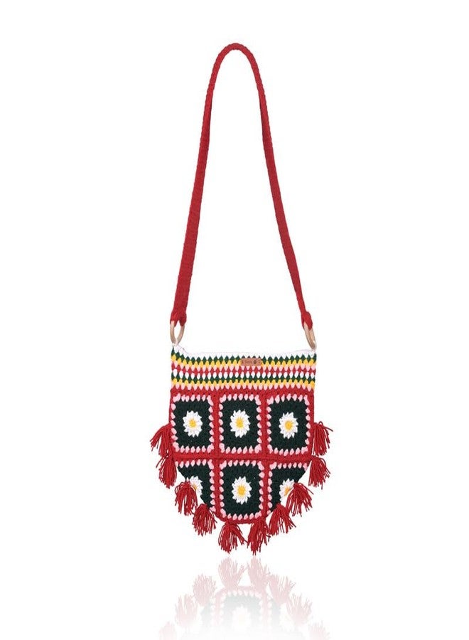 Sutra Handmade Wool Crochet Red Strap Tassel Bag | Boho Shoulder Purse | Eco-Friendly Reusable Tote Bag | Summer Beach Handbag for Women Girls - Image 1