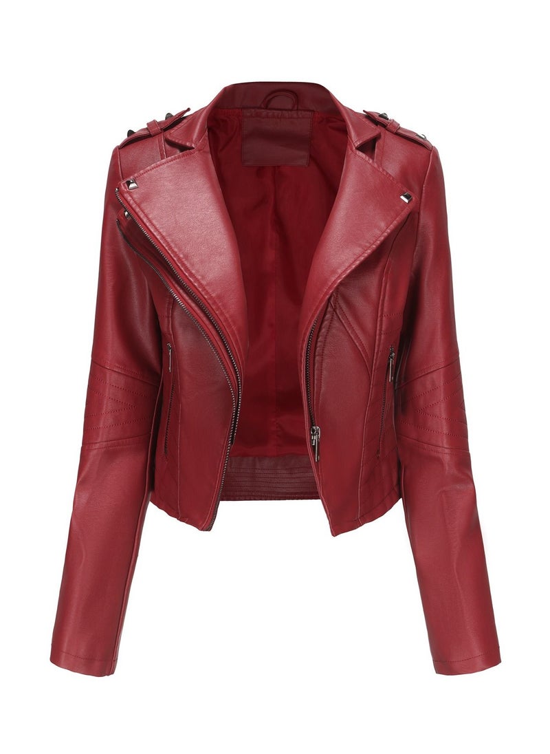 Women's New Popular Short Fit Coat Zipper Leather Jacket Wine Red - pzsku/Z3ECEF01CB0F949A0284CZ/45/_/1691897323/1b2402d6-d438-4731-b998-009207b8751c