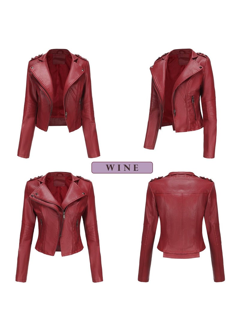Loquat Women's New Popular Short Fit Coat Zipper Leather Jacket Wine Red  - Image 2
