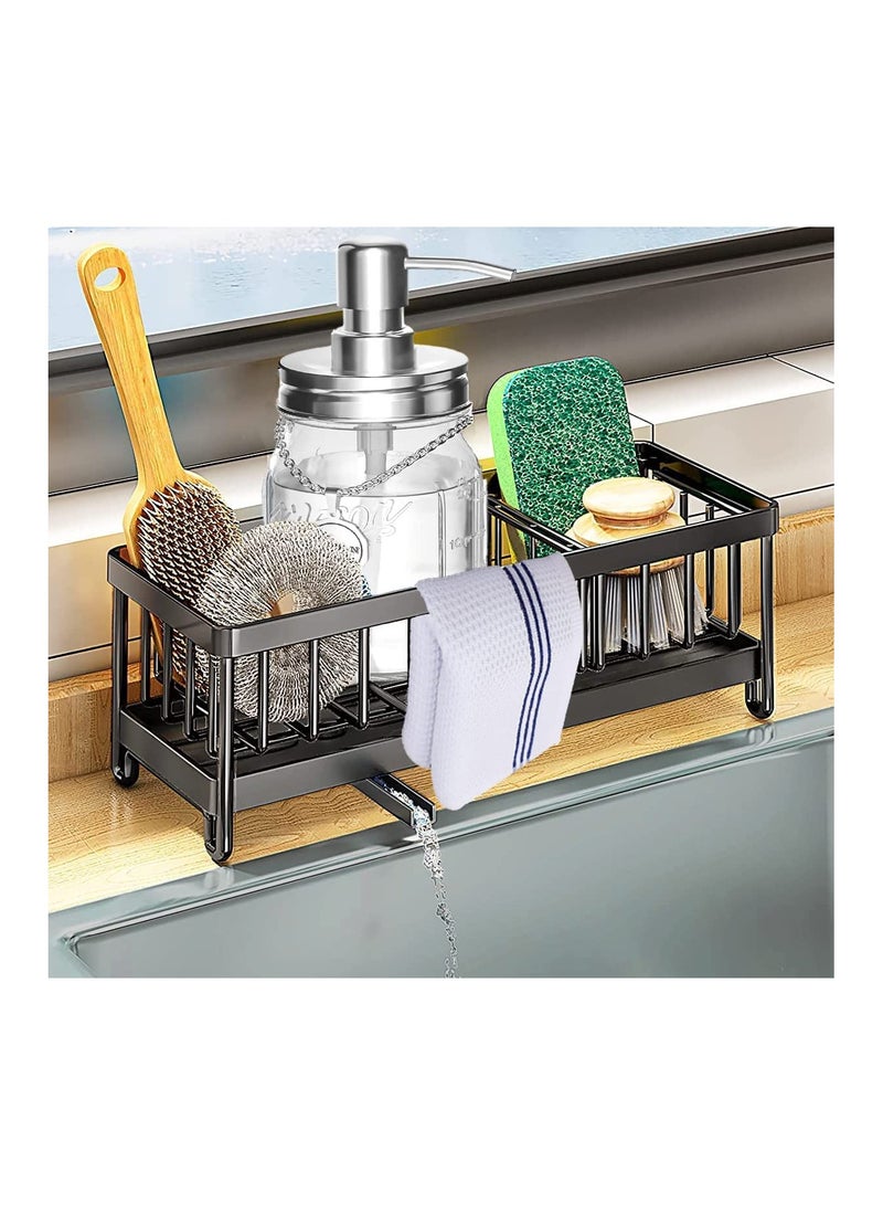SYOSI 304 Stainless Steel Sink Caddy Organizer, Countertop Sponge Holder Kitchen Sink Sponge Storage Rust-Resistant Steel Sink Organizer for Sink,Countertop with Removable Drain Tray with Diversion Drainage - Image 1