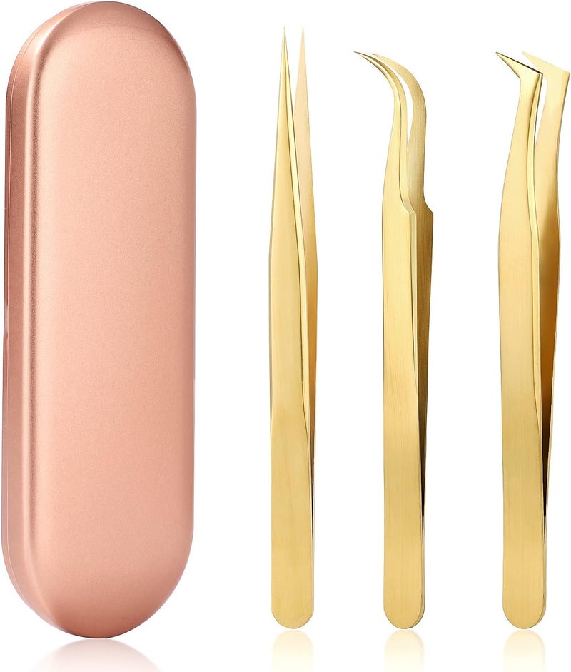 Etercycle High Precision Lash Tweezers Set - Includes 3 Stainless Steel Eyelash Tweezers for Classic Individual and Volume Lash Extensions. Complete with Storage Box