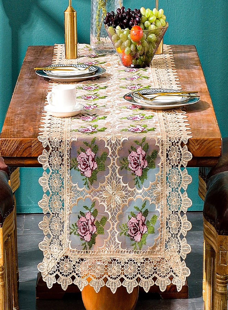 Excefore Spring Lace Table Runner Floral Embroidered Lace Runners for Tables Waterproof Cross Stitch Coffee Table Rose Pattern for Rustic Farmhouse Dining Coffee Wedding Table Decorations (16x 72") - Image 1