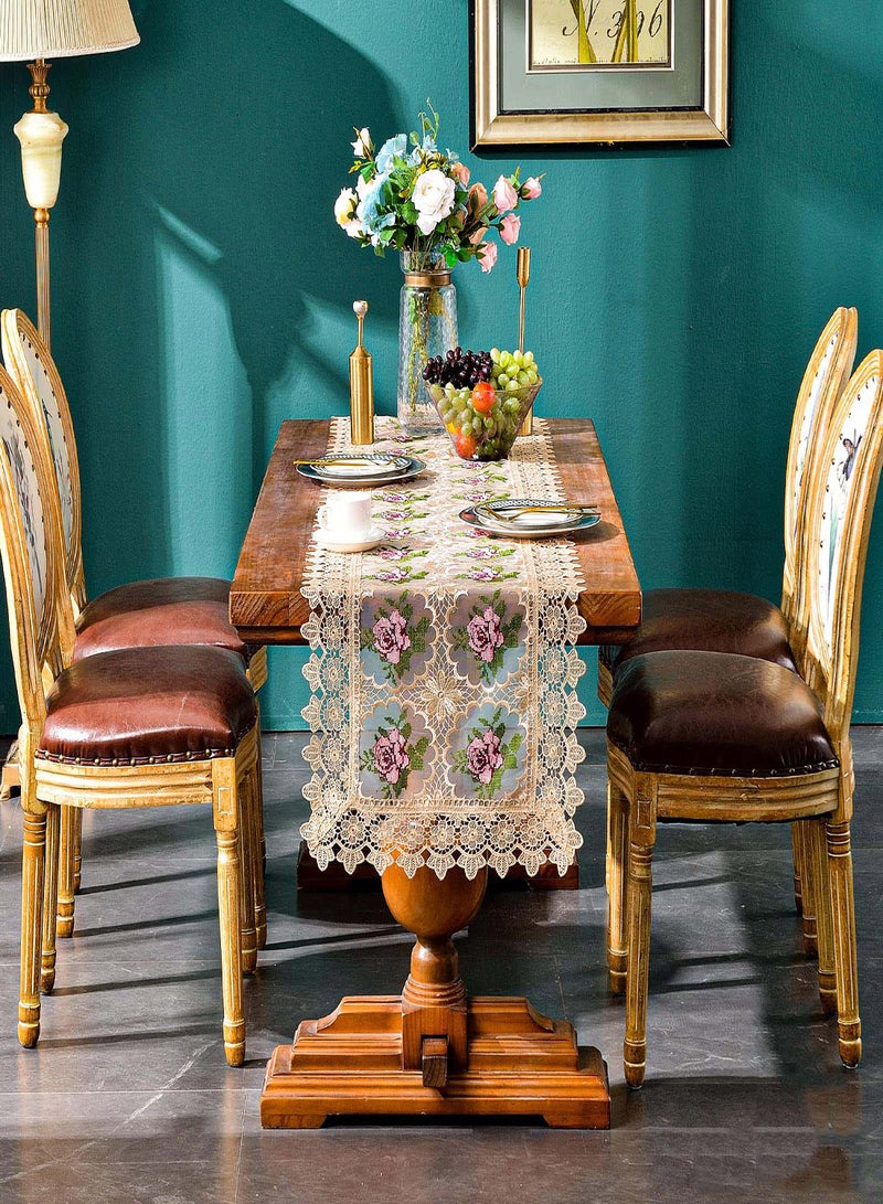 Excefore Spring Lace Table Runner Floral Embroidered Lace Runners for Tables Waterproof Cross Stitch Coffee Table Rose Pattern for Rustic Farmhouse Dining Coffee Wedding Table Decorations (16x 72") - Image 2
