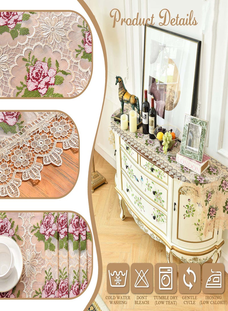 Excefore Spring Lace Table Runner Floral Embroidered Lace Runners for Tables Waterproof Cross Stitch Coffee Table Rose Pattern for Rustic Farmhouse Dining Coffee Wedding Table Decorations (16x 72") - Image 5