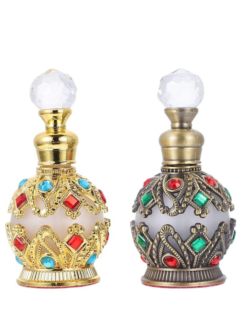 زجاجات زجاجية عتيقة قطعتين 15 مل زجاجة عطر عتيقة قابلة لإعادة التعبئة من الكريستال والأحجار الكريمة العتيقة حاوية زيت عطري فارغة لتزيين المنزل والزفاف زجاجة عطر كريستالية - Image 1