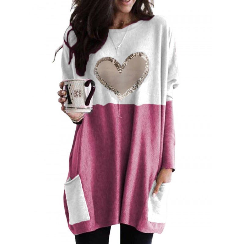 2024Wish Independent Station Love Printing Round Neck Loose Contrast Color Stitching Long Sleeve T-Shirt Women'S Wear - Image 4
