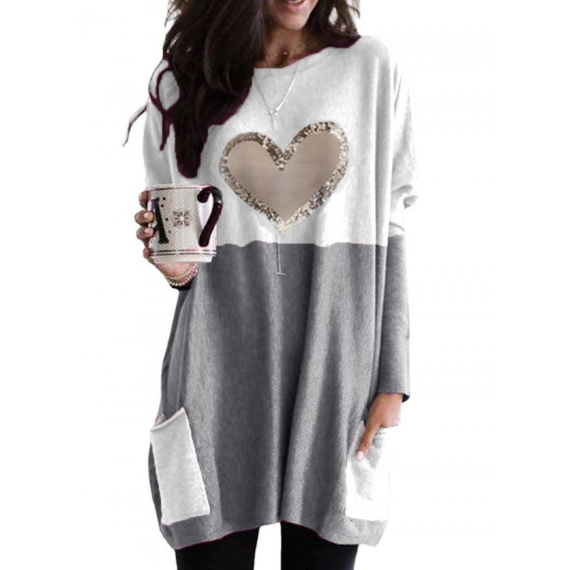 2024Wish Independent Station Love Printing Round Neck Loose Contrast Color Stitching Long Sleeve T-Shirt Women'S Wear - Image 3