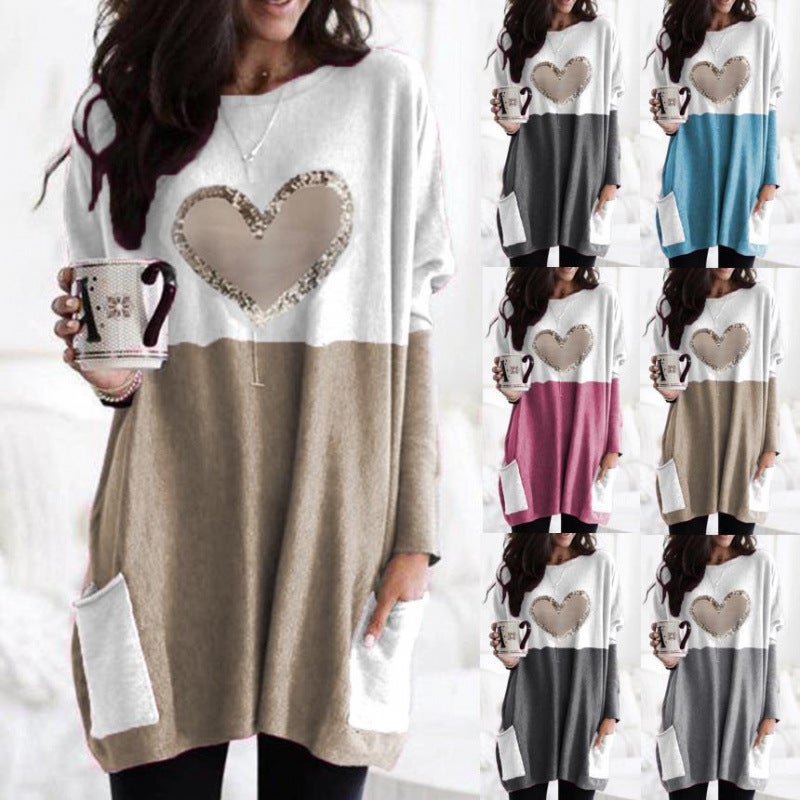 2024Wish Independent Station Love Printing Round Neck Loose Contrast Color Stitching Long Sleeve T-Shirt Women'S Wear - Image 2