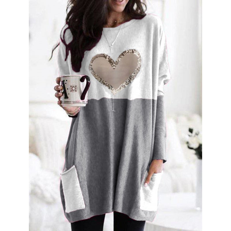2024Wish Independent Station Love Printing Round Neck Loose Contrast Color Stitching Long Sleeve T-Shirt Women'S Wear - Image 1