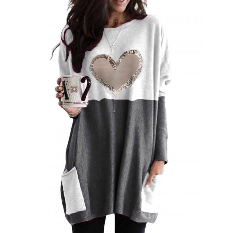 2024Wish Independent Station Love Printing Round Neck Loose Contrast Color Stitching Long Sleeve T-Shirt Women'S Wear - Image 5