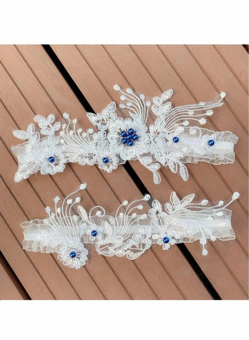 Leg Garter Set, White Lace Garter Belt Bead Floral Garters Stretch Bride Wedding Bridal Accessories for Women and Girls (Pack of 2)