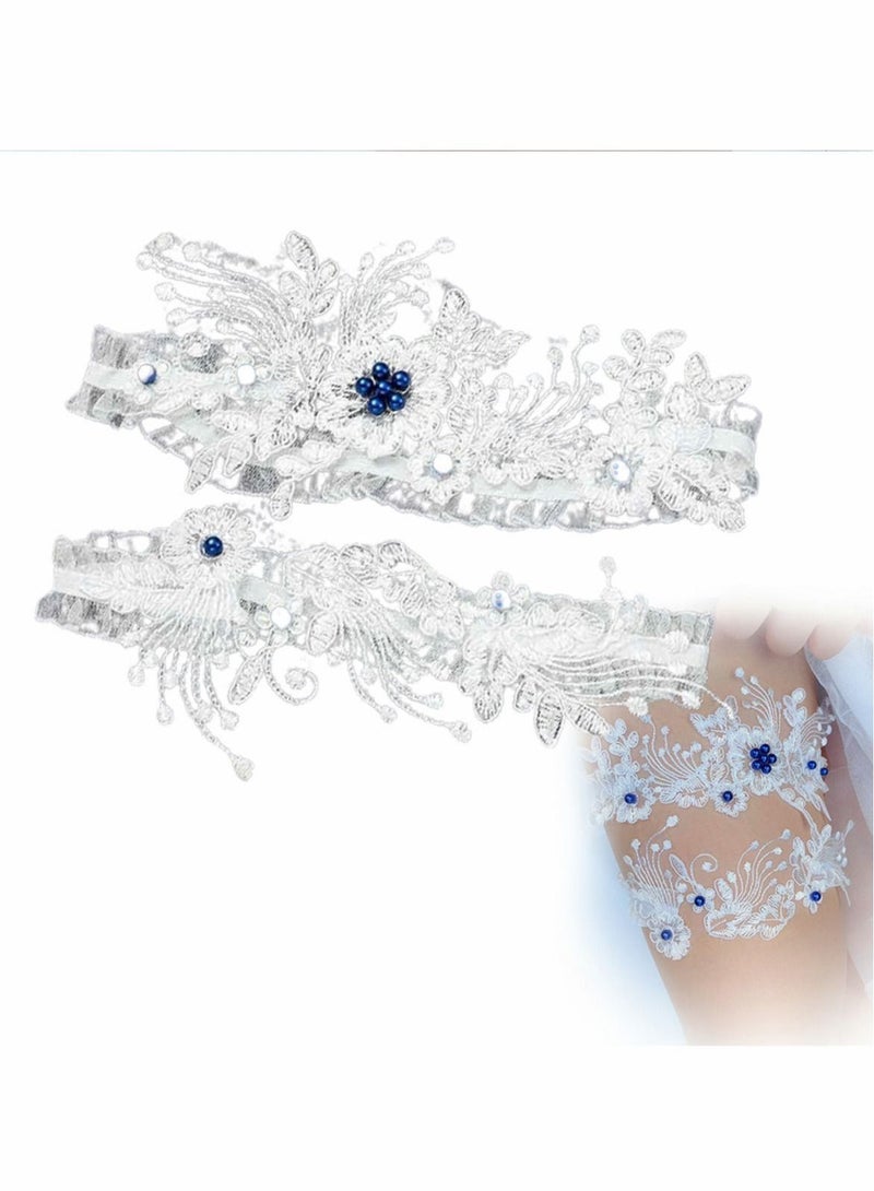 Leg Garter Set, White Lace Garter Belt Bead Floral Garters Stretch Bride Wedding Bridal Accessories for Women and Girls (Pack of 2)