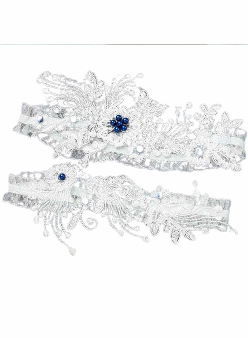 Leg Garter Set, White Lace Garter Belt Bead Floral Garters Stretch Bride Wedding Bridal Accessories for Women and Girls (Pack of 2)
