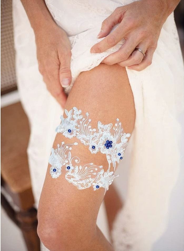 Leg Garter Set, White Lace Garter Belt Bead Floral Garters Stretch Bride Wedding Bridal Accessories for Women and Girls (Pack of 2)