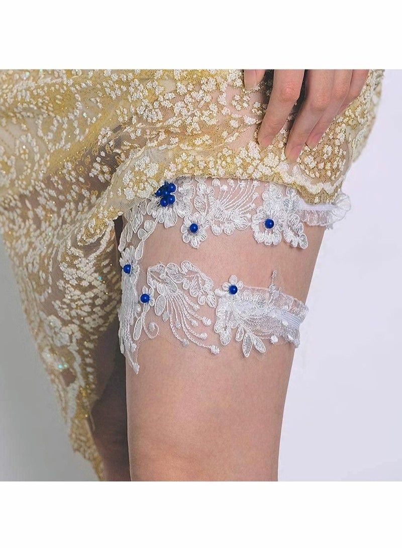 Leg Garter Set, White Lace Garter Belt Bead Floral Garters Stretch Bride Wedding Bridal Accessories for Women and Girls (Pack of 2)