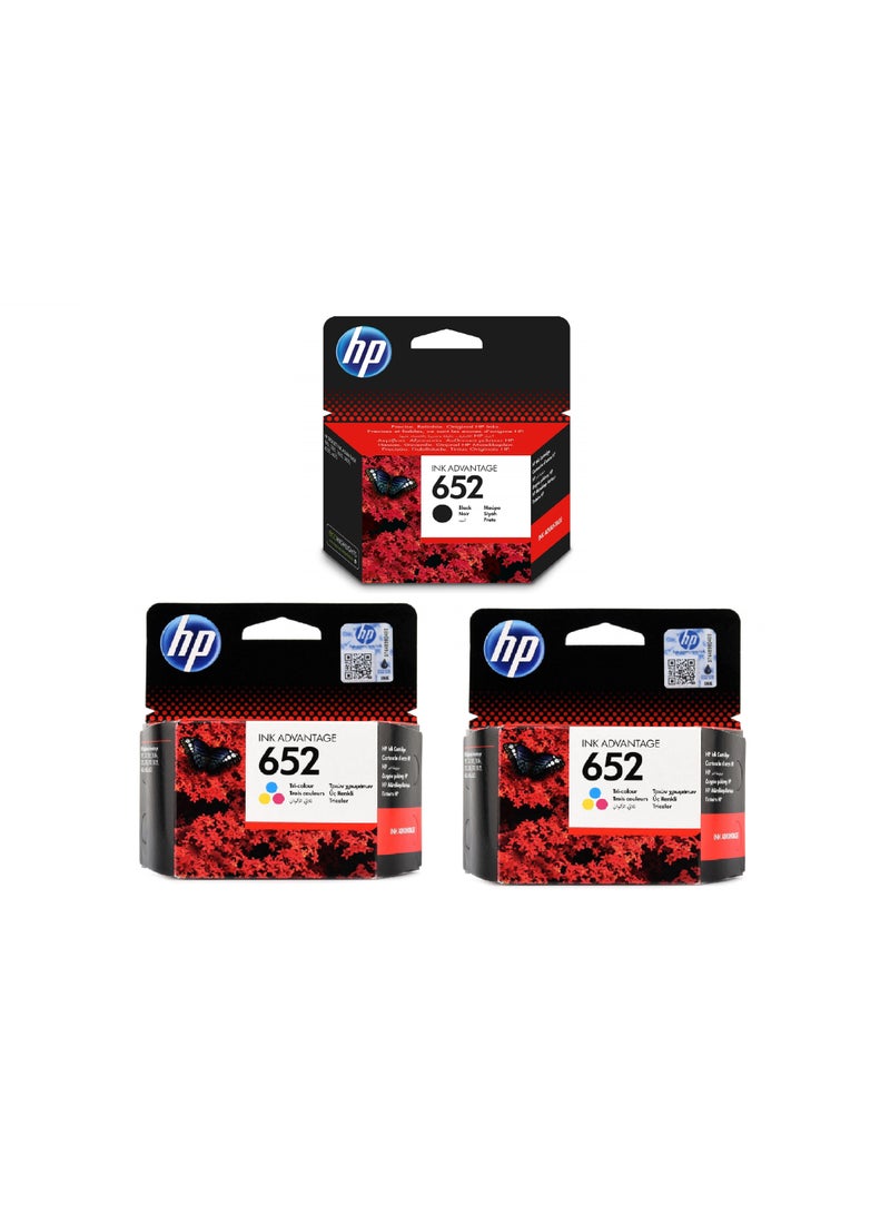 Pack of 3  (2-Piece 652 Tricolor + 1 PC 652 black) Compatible Ink Cartridge Tricolour & Black