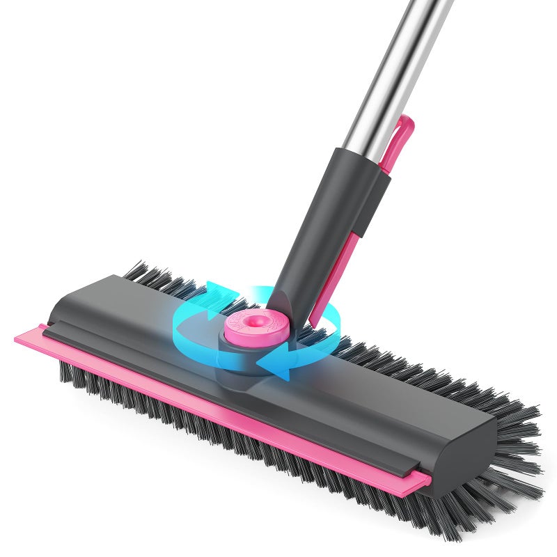 HelpX Floor Scrub Brush with Long Handle, 3 in 1 Multi-angle Swivel Right Angled Bristle Floor Scrubber Brush with Squeegee and Tweezer for Tile Wall Deck Bathroom Patio Garage Kitchen (Pink and Grey) - Image 1