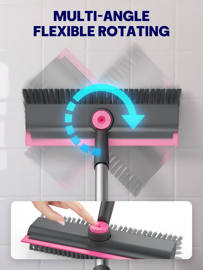 HelpX Floor Scrub Brush with Long Handle, 3 in 1 Multi-angle Swivel Right Angled Bristle Floor Scrubber Brush with Squeegee and Tweezer for Tile Wall Deck Bathroom Patio Garage Kitchen (Pink and Grey) - Image 2