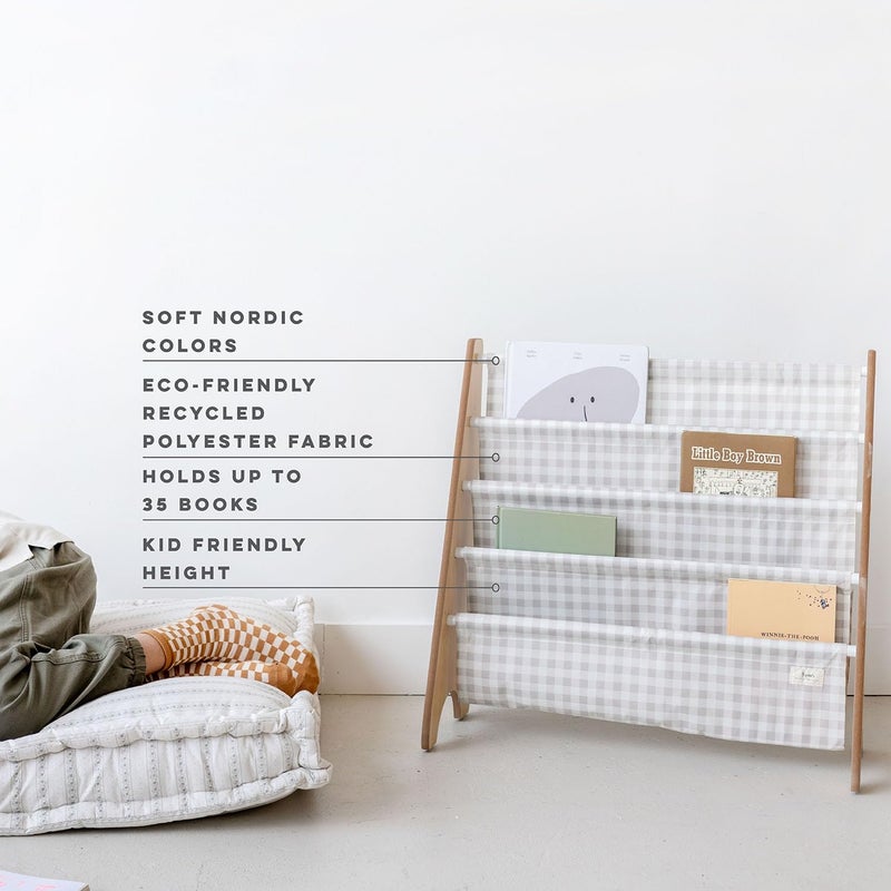 3 Sprouts Kids Bookshelf with Recycled Fabric - 4-Tier Sling Storage for Kids Rooms Holds 35 Titles - Toddler Organizer for Ages 3+ - Gingham Beige - Image 3