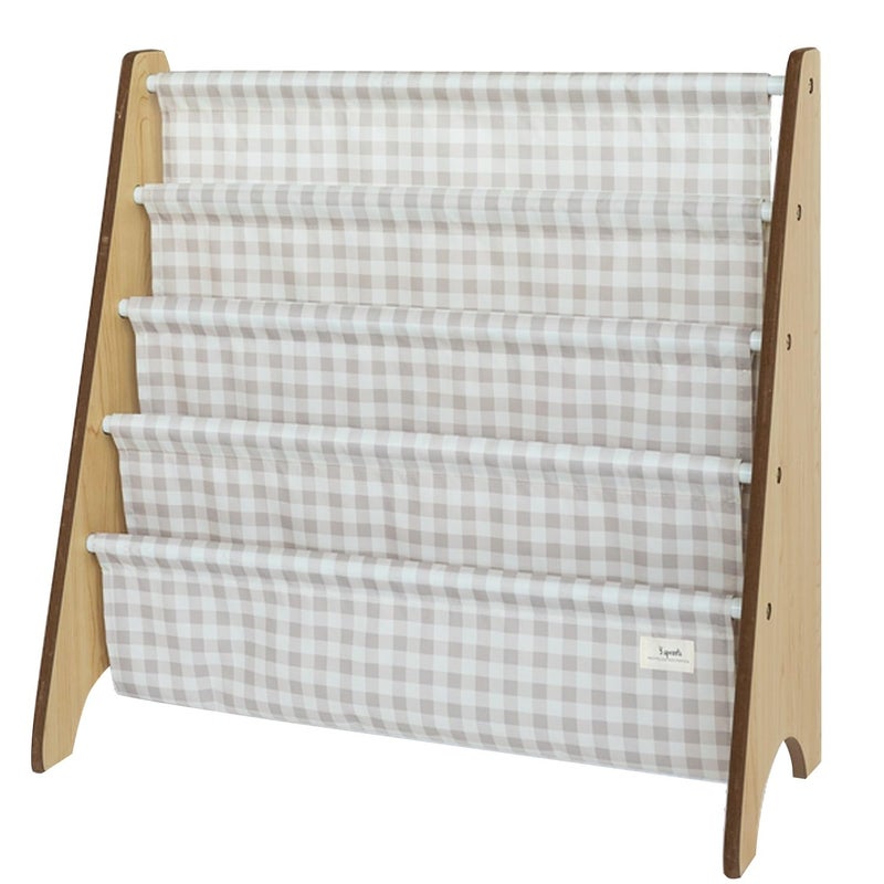 3 Sprouts Kids Bookshelf with Recycled Fabric - 4-Tier Sling Storage for Kids Rooms Holds 35 Titles - Toddler Organizer for Ages 3+ - Gingham Beige - Image 1