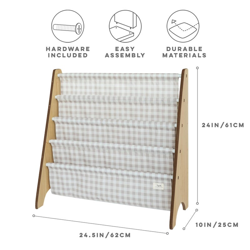 3 Sprouts Kids Bookshelf with Recycled Fabric - 4-Tier Sling Storage for Kids Rooms Holds 35 Titles - Toddler Organizer for Ages 3+ - Gingham Beige - Image 2