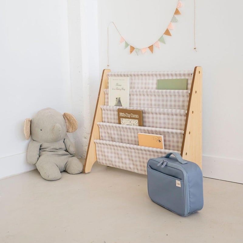 3 Sprouts Kids Bookshelf with Recycled Fabric - 4-Tier Sling Storage for Kids Rooms Holds 35 Titles - Toddler Organizer for Ages 3+ - Gingham Beige - Image 5