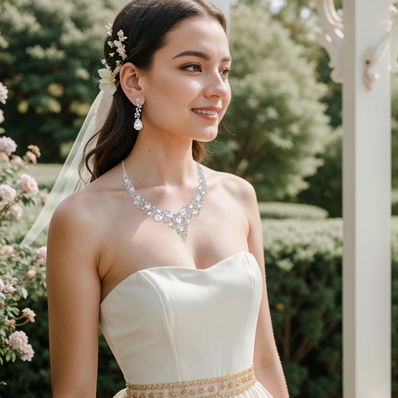 BriLove Wedding Bridal Jewelry Set for Women Austrian Crystal Teardrop Cluster Statement Necklace Dangle Earrings Clear Silver-Tone - Image 4