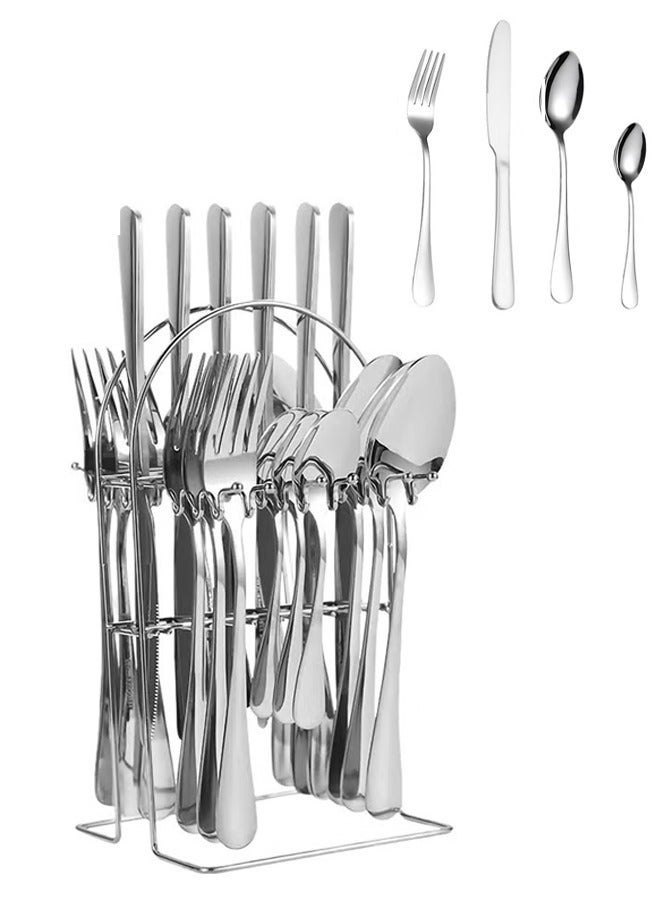 24PCS فضية مجموعة مع حامل ، مجموعة أدوات الفولاذ المقاوم للصدأ ، ملعقة شوك سكاكين أدوات مجموعة ، خدمة لمجموعة 6 مرايا مصقولة أدوات الطاولة تشمل سكاكين لحم اللحم ، مقاومة للصدأ ، غسالة صحون آمنة - Image 1
