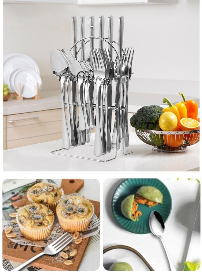 24PCS فضية مجموعة مع حامل ، مجموعة أدوات الفولاذ المقاوم للصدأ ، ملعقة شوك سكاكين أدوات مجموعة ، خدمة لمجموعة 6 مرايا مصقولة أدوات الطاولة تشمل سكاكين لحم اللحم ، مقاومة للصدأ ، غسالة صحون آمنة - Image 4