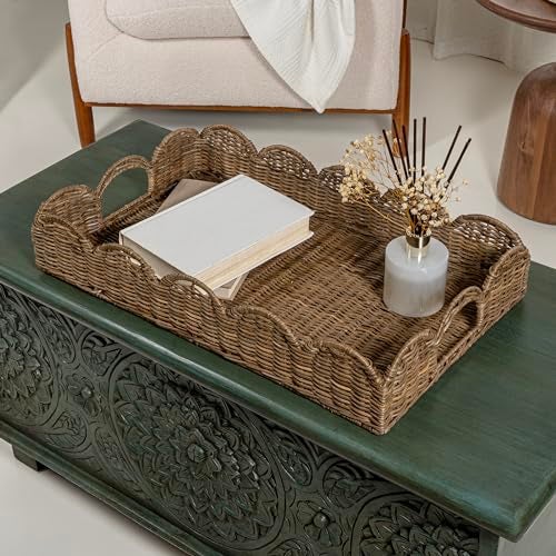 happimess TRY1000A Scalloped 21.5" Southwestern Cottage Hand-Woven Rattan Tray with Handles for Storage,Decoration, Display, Coffee Table or Serving Food, Natural - Image 2