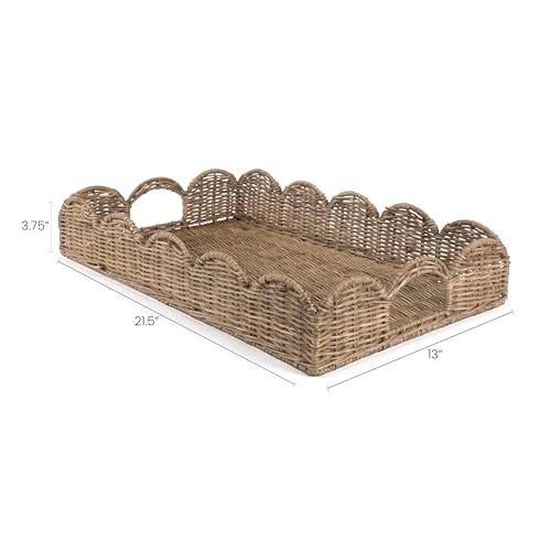 happimess TRY1000A Scalloped 21.5" Southwestern Cottage Hand-Woven Rattan Tray with Handles for Storage,Decoration, Display, Coffee Table or Serving Food, Natural - Image 3