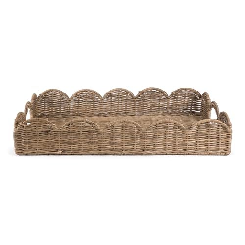 happimess TRY1000A Scalloped 21.5" Southwestern Cottage Hand-Woven Rattan Tray with Handles for Storage,Decoration, Display, Coffee Table or Serving Food, Natural - Image 1