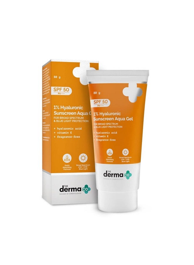 THE derma Co The Derma Co 1% Hyaluronic Sunscreen Aqua Gel SPF 50 PA++++ I For Oily, Dry, Acne-prone Skin | Ultra Lightweight Texture I Non-Greasy I No White Cast | Broad Spectrum Protection & Blue Light Protection | 80 g  - Image 1