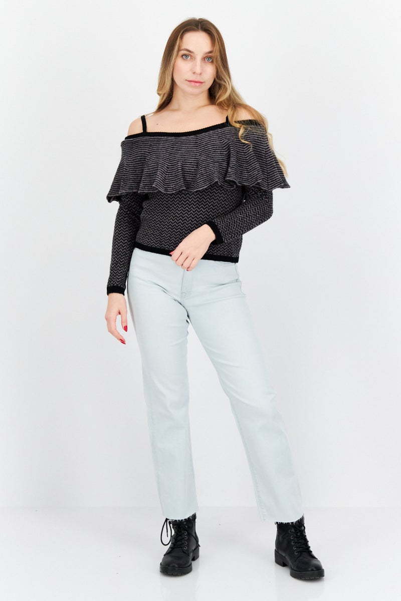 BB Dakota Women Round Neck Long Sleeve Stripe Sweater, Black - Image 3