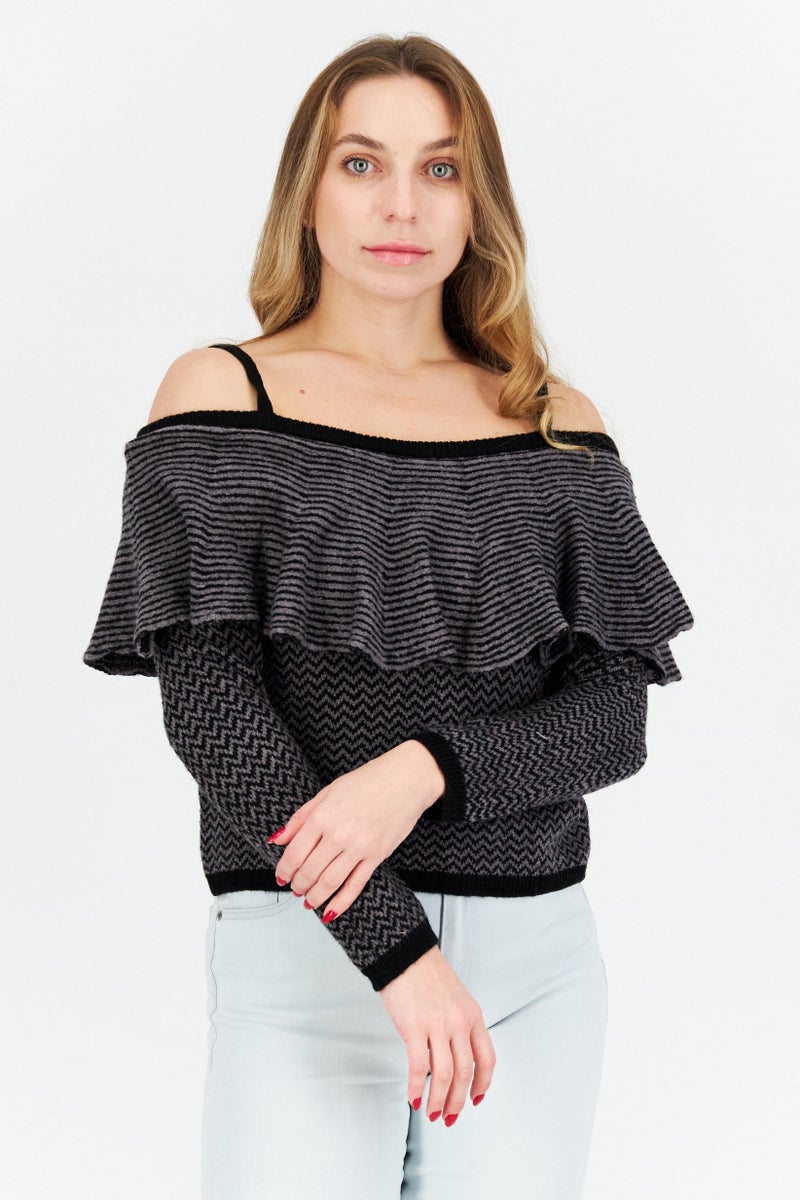 BB Dakota Women Round Neck Long Sleeve Stripe Sweater, Black - Image 1