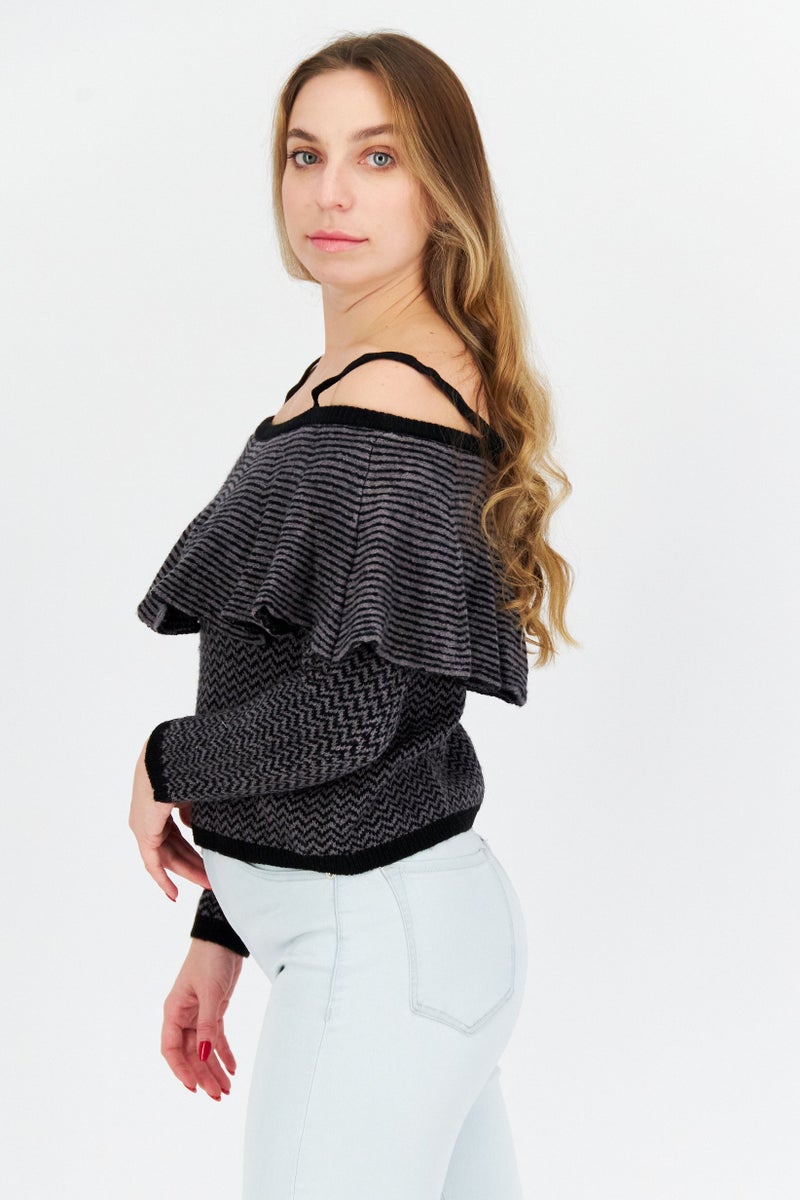 BB Dakota Women Round Neck Long Sleeve Stripe Sweater, Black - Image 4