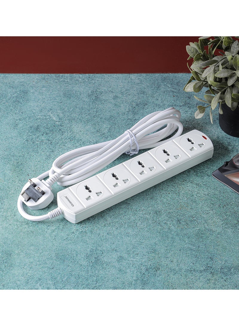 Olsenmark 5-Way Power Socket OMES1811D | PP Fireproof Housing & Child Safety Shutter | 3-Meter Cord | Ideal for Home & Office | White, 2-Year Warranty