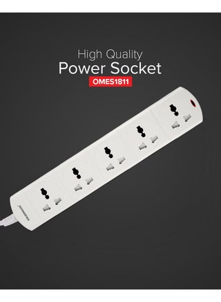 Olsenmark 5-Way Power Socket OMES1811D | PP Fireproof Housing & Child Safety Shutter | 3-Meter Cord | Ideal for Home & Office | White, 2-Year Warranty