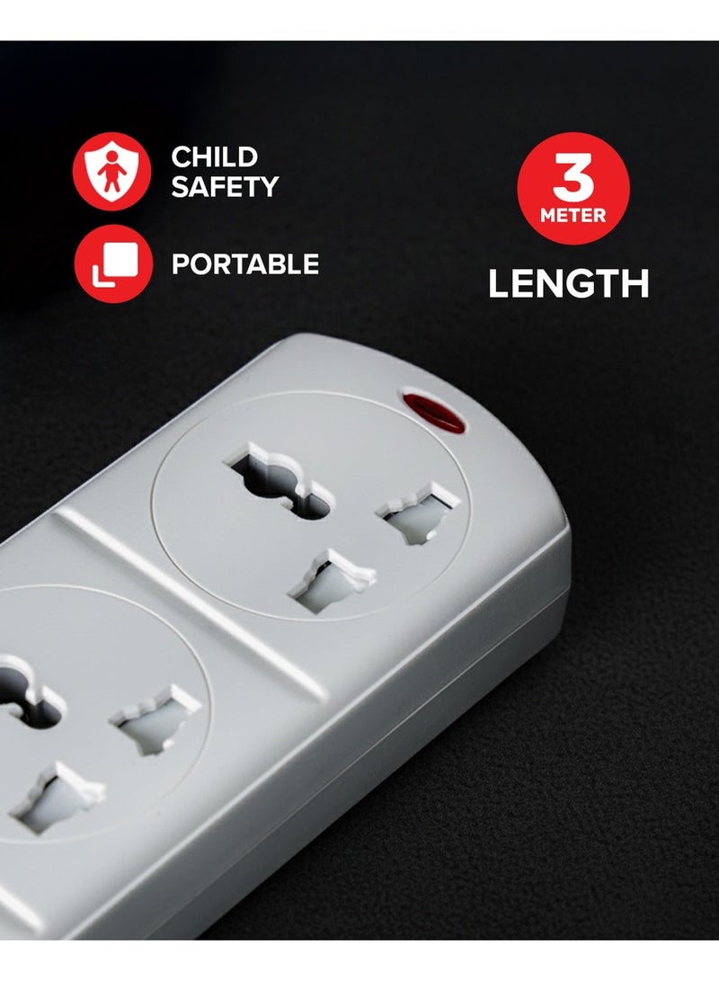 Olsenmark 5-Way Power Socket OMES1811D | PP Fireproof Housing & Child Safety Shutter | 3-Meter Cord | Ideal for Home & Office | White, 2-Year Warranty