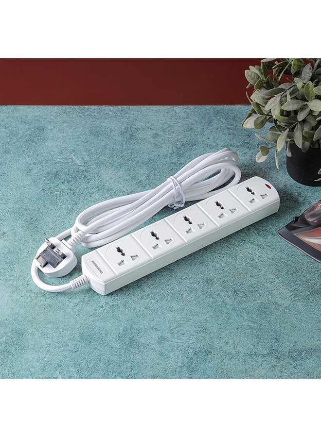 Olsenmark 5-Way Power Socket OMES1811D | PP Fireproof Housing & Child Safety Shutter | 3-Meter Cord | Ideal for Home & Office | White, 2-Year Warranty
