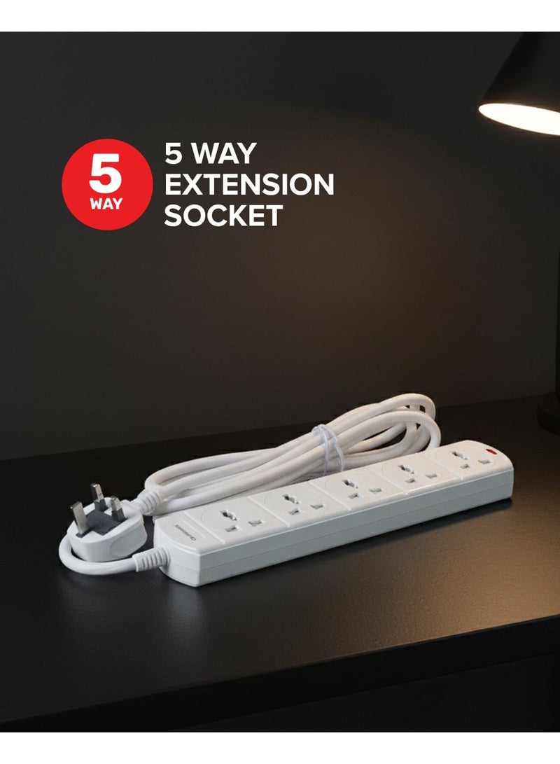 Olsenmark 5-Way Power Socket OMES1811D | PP Fireproof Housing & Child Safety Shutter | 3-Meter Cord | Ideal for Home & Office | White, 2-Year Warranty - Image 3