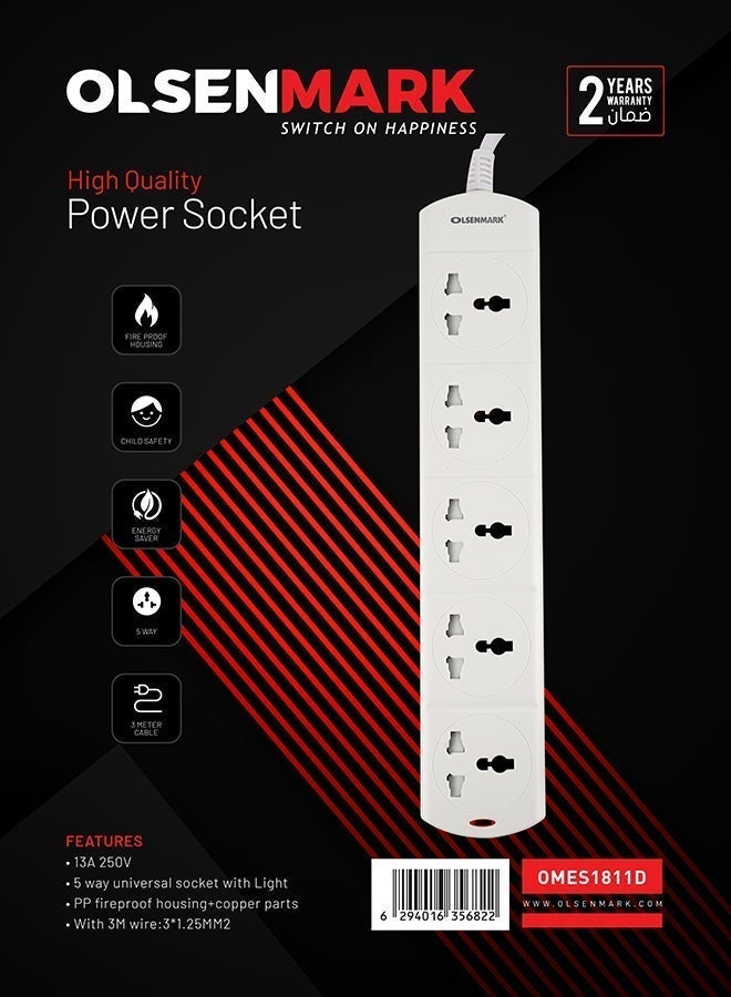 Olsenmark 5-Way Power Socket OMES1811D | PP Fireproof Housing & Child Safety Shutter | 3-Meter Cord | Ideal for Home & Office | White, 2-Year Warranty