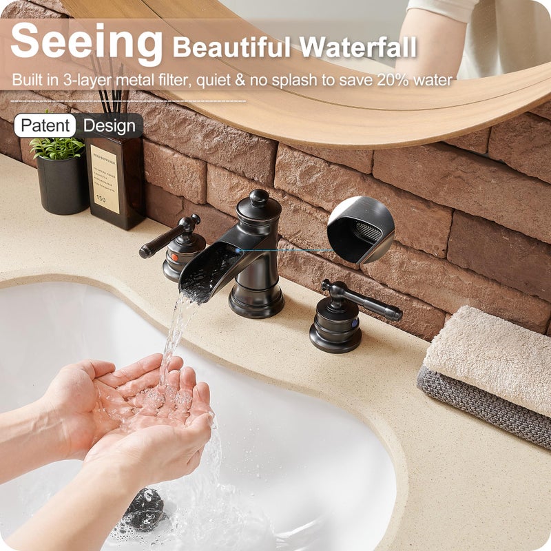 Hoigy Oil Rubbed Bronze Bathroom Faucet  Brass Waterfall Faucet Widespread Bathroom Sink Faucet 3 Hole  4-16 Inch Bathroom Faucets With Pop Up Drain 2 Handle & Supply Hose For Hotel Farmhouse Antique - Image 2