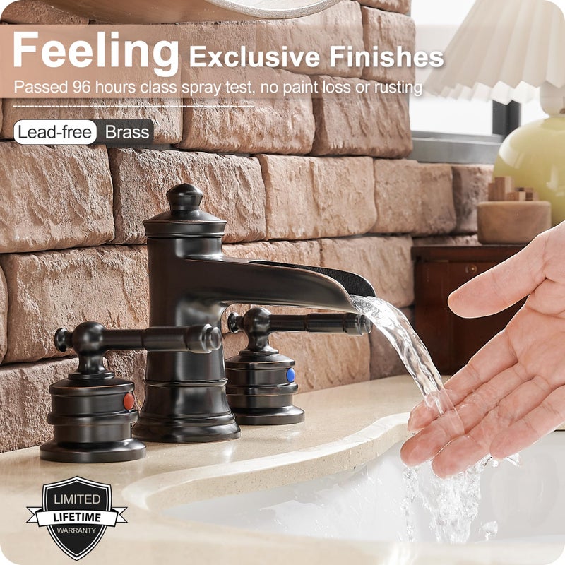 Hoigy Oil Rubbed Bronze Bathroom Faucet  Brass Waterfall Faucet Widespread Bathroom Sink Faucet 3 Hole  4-16 Inch Bathroom Faucets With Pop Up Drain 2 Handle & Supply Hose For Hotel Farmhouse Antique - Image 4