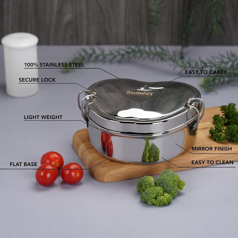 Sumeet Sumeet Stainless Steel Apple Lunch BoxTiffin with Steel Separator Plate and Locking Clip 650ML Ideal for 1 Person Silver  - Image 2