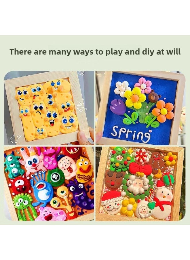 Clay Picture Frame Mounted Clay Handmade Diy Material Wooden Frame Color Mud Children's Creative Toy Works Display-Color:[ultra-light Clay-24 Colors]-Specifications:Square: Deep Groove Wooden Frame 20*20-rounded Corners